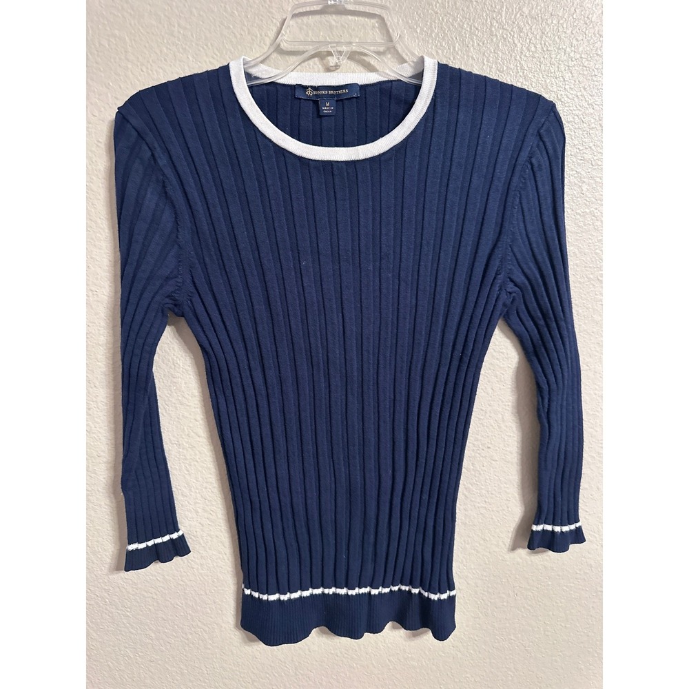 Brooks Brothers Navy Blue Ribbed Knit Sweater‎ White Trim Long Sleeve Size M